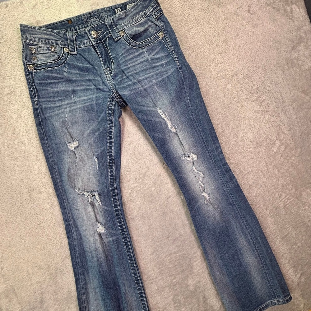Miss Me Women Bootcut Jeans Size 28 Blue Embroidered Fleur De Lis JP5853B